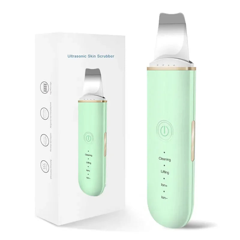 Ultrasonic skin scrubber facial ion cleaning vibrating spatula to blackhead acne exfoliating facial lifting machine