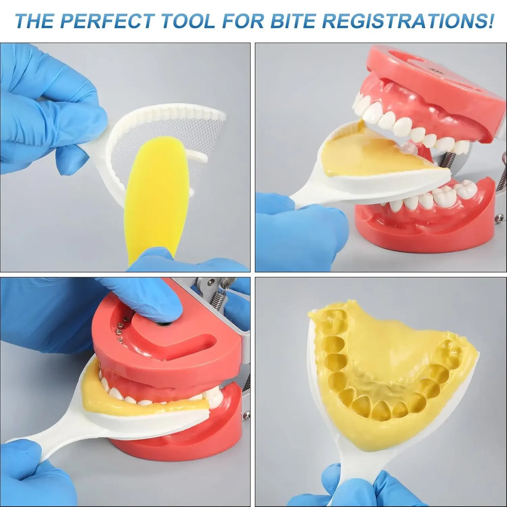 50pcs Disposable Dental Bite Impression Trays Kits Teeth Registration Impression Tray with Plastic Rigid Frame and Non-Tear Mesh