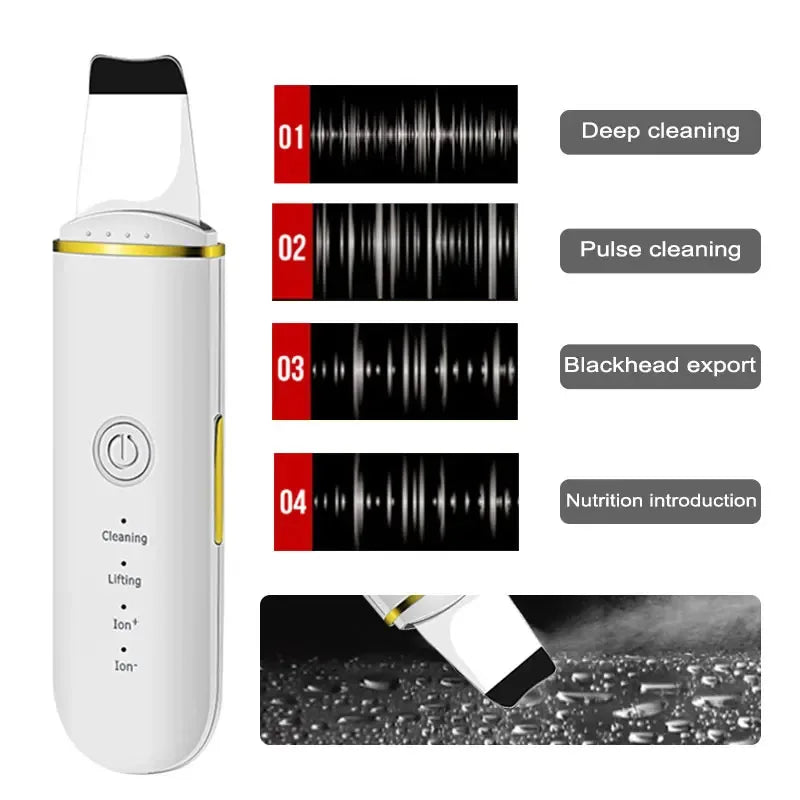 Ultrasonic skin scrubber facial ion cleaning vibrating spatula to blackhead acne exfoliating facial lifting machine