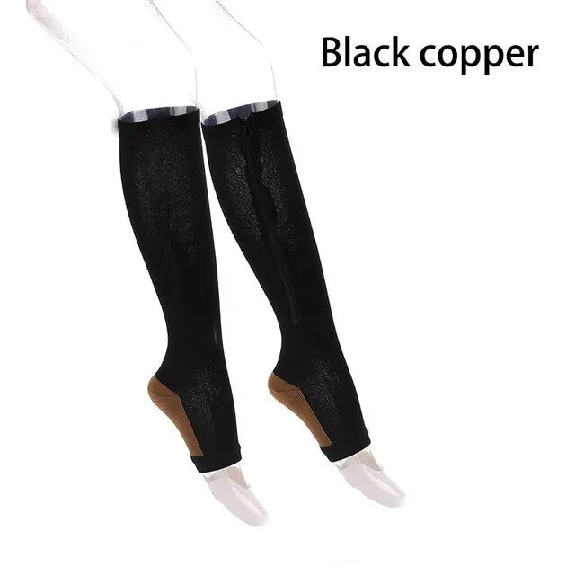 Compression Socks Men Women Support Knee Zipper Female Open Toe Thin Anti Fatigue Stretchy Sox High Socks Unisex